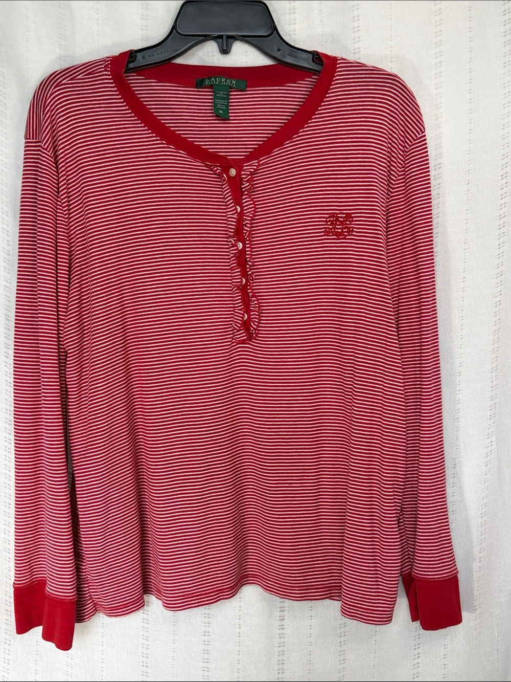 Ralph Lauren Red & White Striped Long-Sleeve Henley Pajama Top